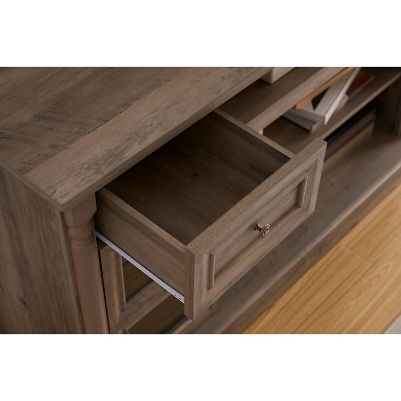 Farmhouse-Style Fireplace TV Stand up to 80-Inch TV with LED Lights, Glass Door Cabinets and Drawers, for Living Room