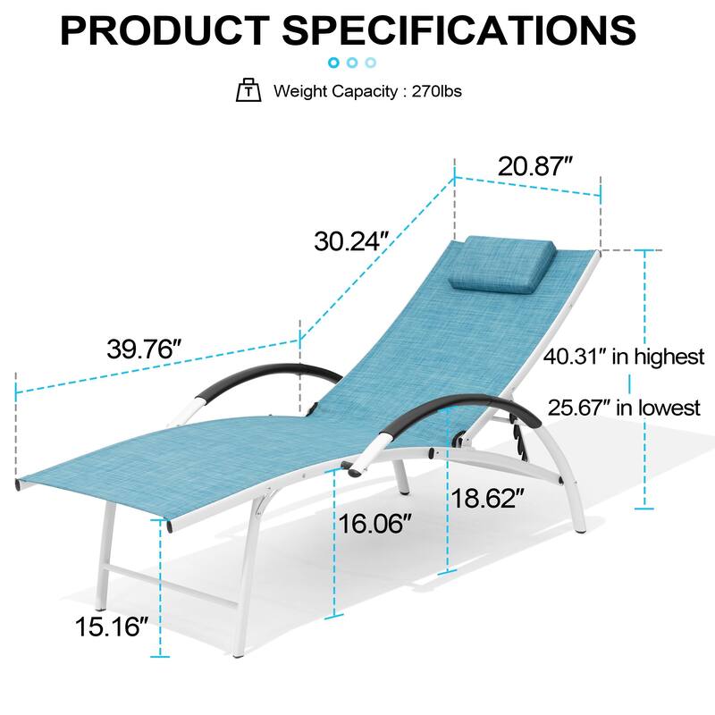 Crestlive Products Outdoor Adjustable Reclining Chaise Lounge Chair with Armrest