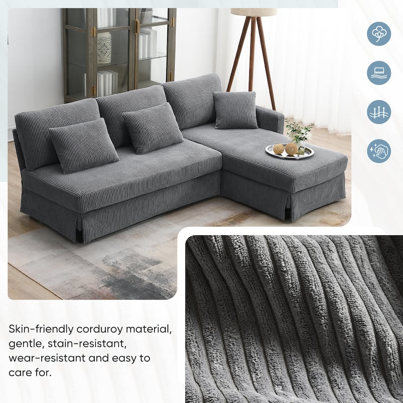 Modern L-Shaped Sofa with Reversible Chaise, 87" Corduroy Upholstered Sectional Sofa with Pillows