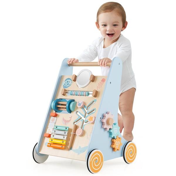 slide 2 of 9, Wooden Baby Walker Push and Pull Learning Activity Center with Wheels-Blue - Multi Multi