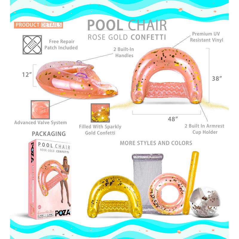 POZA Rose Gold Inflatable Pool Float Chair Filled w/ Sparkle Confetti - 48 x 38 Inch