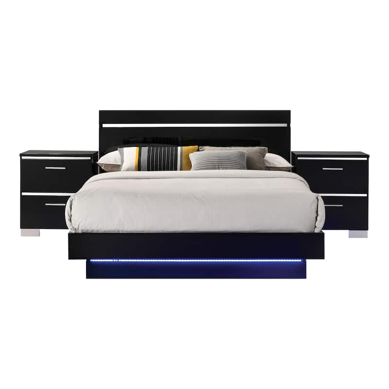 Benvolio Contemporary Black Wood LED 3-Piece Panel Bed with 2 Nightstands Set with USB Port by Furniture of America