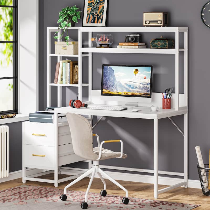 Rustic Computer Office Desk with Drawers and Hutch