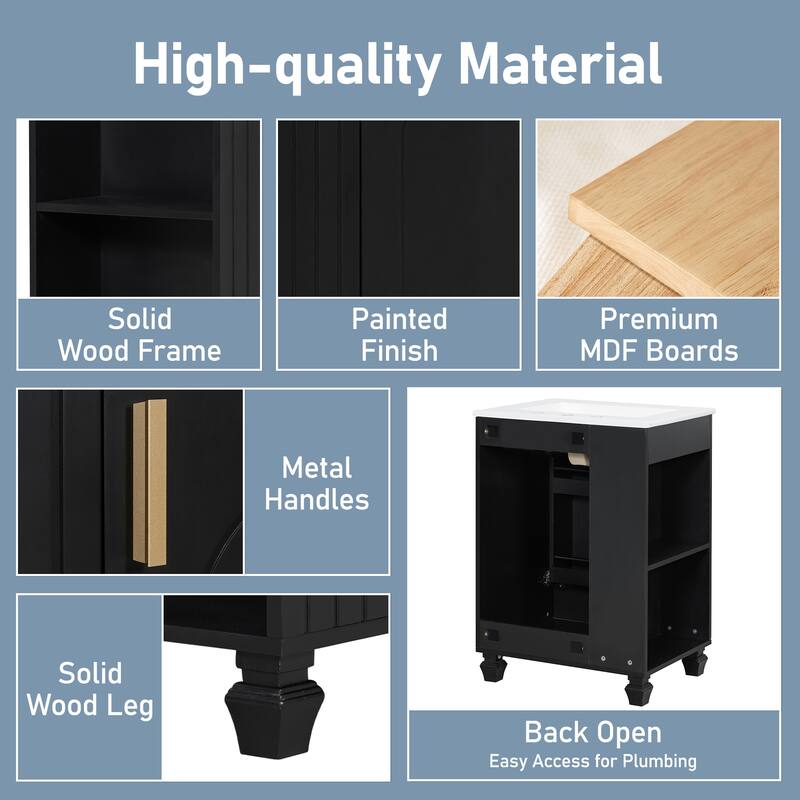 24" Bathroom Vanity with Undermount Ceramic Sink, Solid Wood Frame Bathroom Cabinet with Side Open Storage