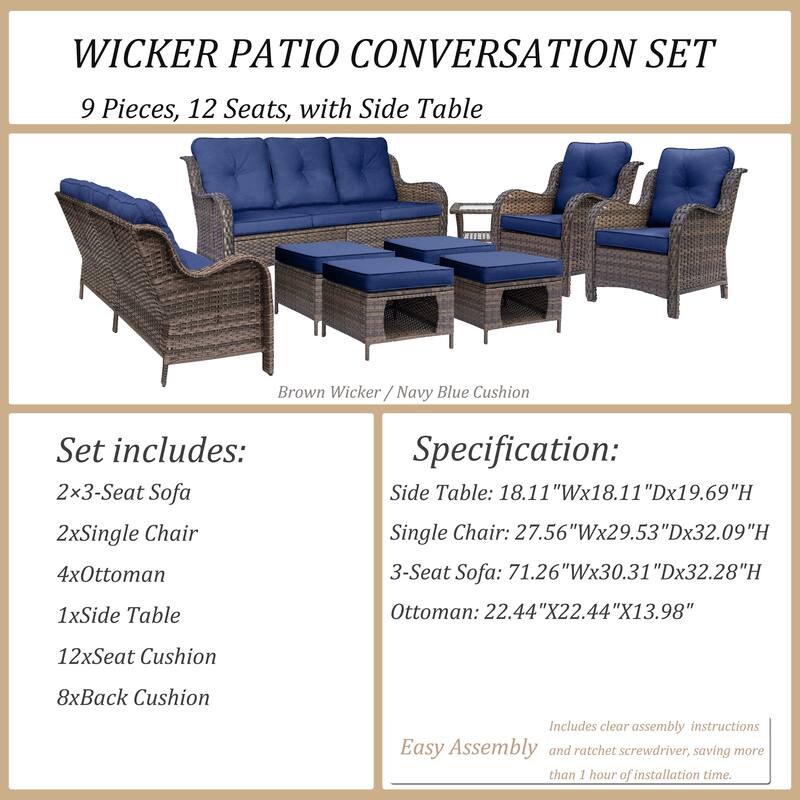 9 Piece Wicker Outdoor Patio Furniture Seating Sofa Conversation Sets