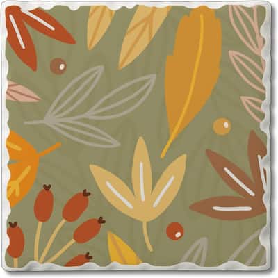 Green Fall 4 Pack Single Absorbent Stone Coaster with Protective Cork Backing Made in The USA 4" Square, Easily Wipes Clean