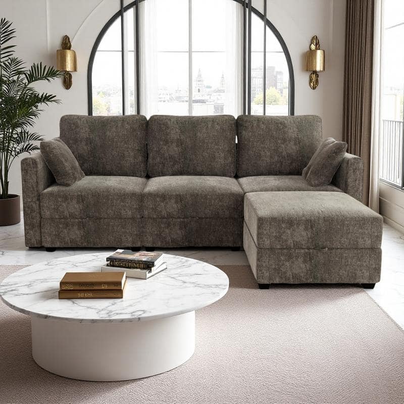 L-Shaped 3-Seater Sectional Sofa with Storage Ottoman - Grey