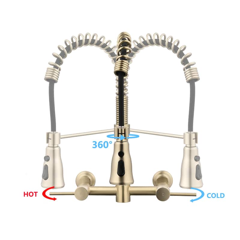 PROOX Double Handle Kitchen Faucet with Pull Out Sprayer Wall Mounted