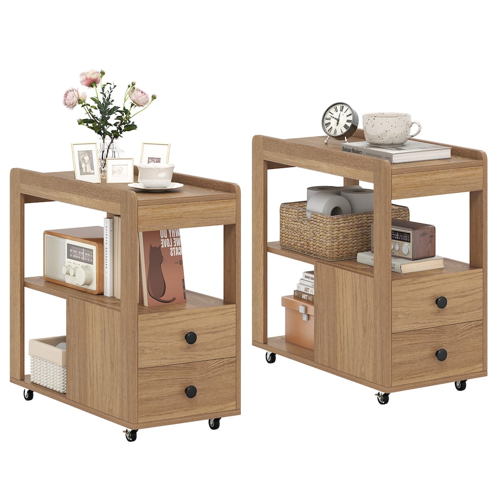 Gymax 2 PCS Narrow End Table Modern 2-Drawer Sofa Side Table w/ Open