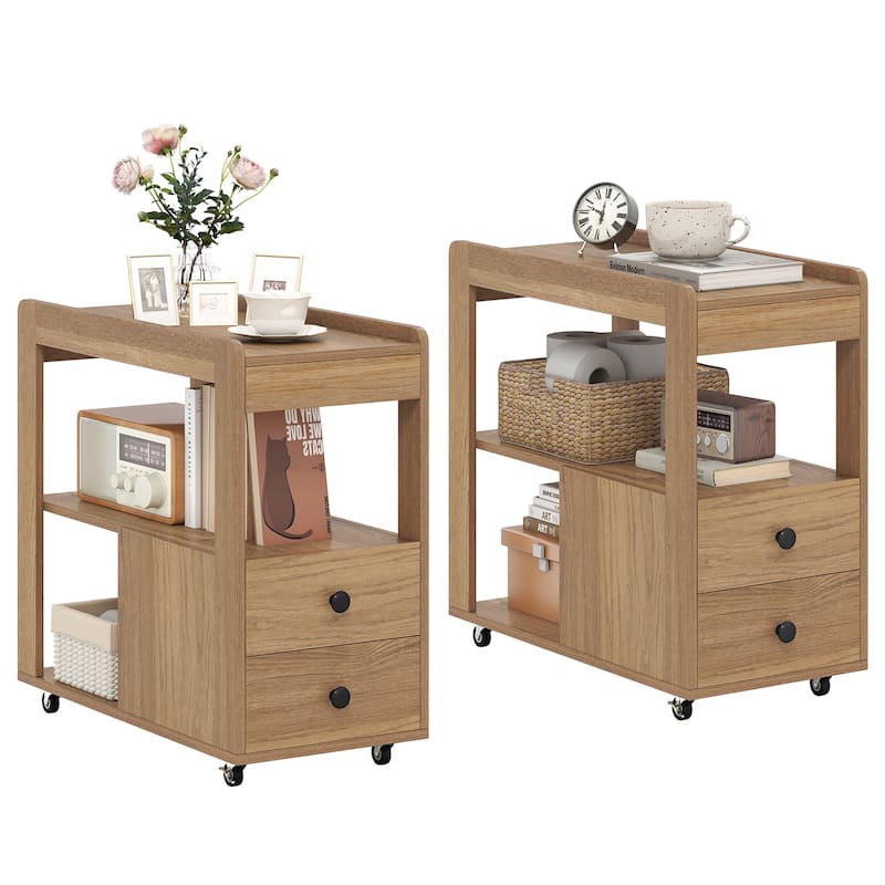 Gymax 2 PCS Narrow End Table Modern 2-Drawer Sofa Side Table w/ Open - Natural - MDF