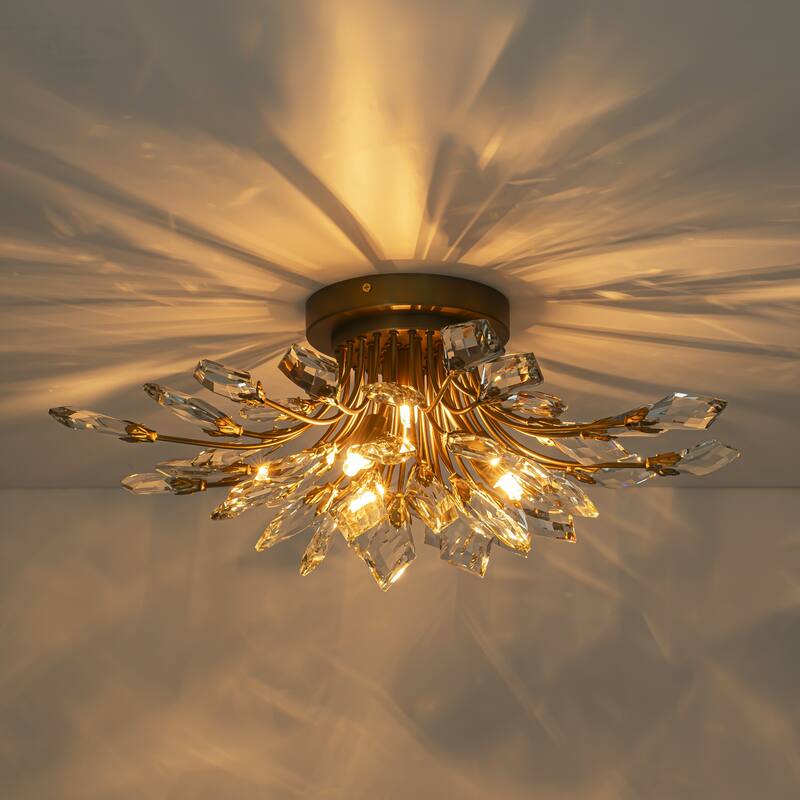 4-Light Modern Industrial Linear Cluster Crystal Flush Mount Light Sputnik Ceiling Light for Dining Room
