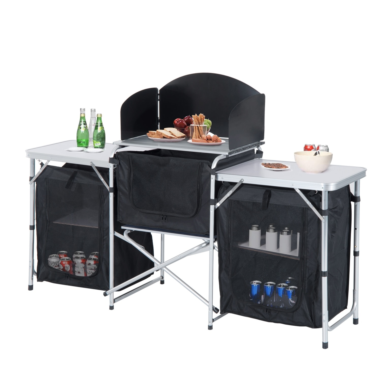 Aluminum Portable Camping Kitchen Fold Up Cooking Table With Windscreen and 3 Enclosed Cupboards for BBQ Party Picnics Bed Bath Beyond 41795378