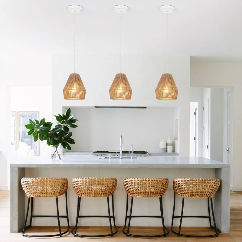 (Set of 3)1-Light Paper Rope Shaded Pendant Lights for Kitchen ，Set of Lghting Fixtures, Farmhouse Semi Flush Mount Chandelier
