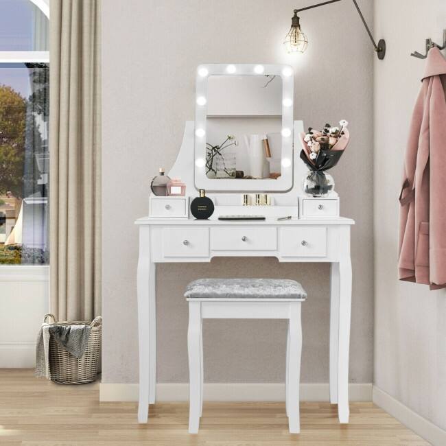Vanity Dressing Table Set with 10 Dimmable Bulbs and Cushioned Stool - 31.5" x 16" x 53"(L x W x H)