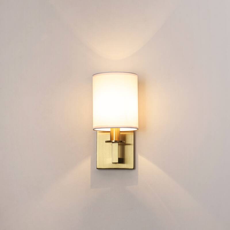 1-Light 5.5" W Modern Gold Cylinder Metal Flush Mount Wall Sconce/Bathroom Vanity Light with White Fabric Shade