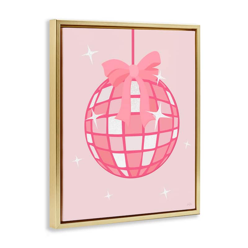 Stupell Pink Disco Ball with Ribbon Framed Floater Canvas Wall Art Design By Natalie Carpentieri