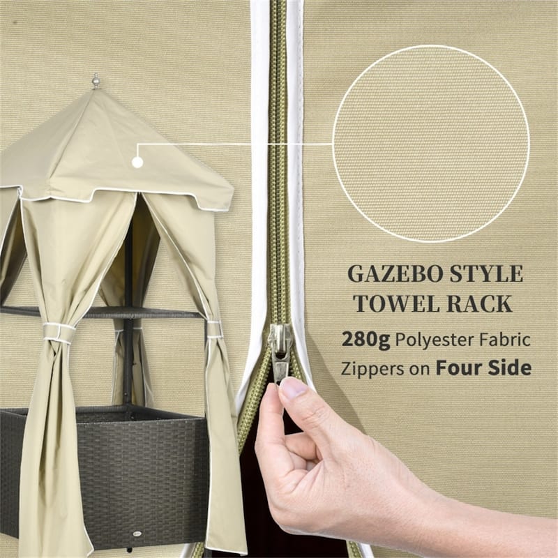 Outdoor Rolling Towel Valet Caddy with Canopy PE Rattan Storage Rack for Pool Patio Bathroom - 34.25" L x 31" W x 78.75" H