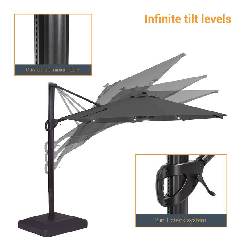 LIVOOSUN 11Ft LED Patio Hanging Octagon Cantilever Umbrella with 360-degree Rotating Canopy