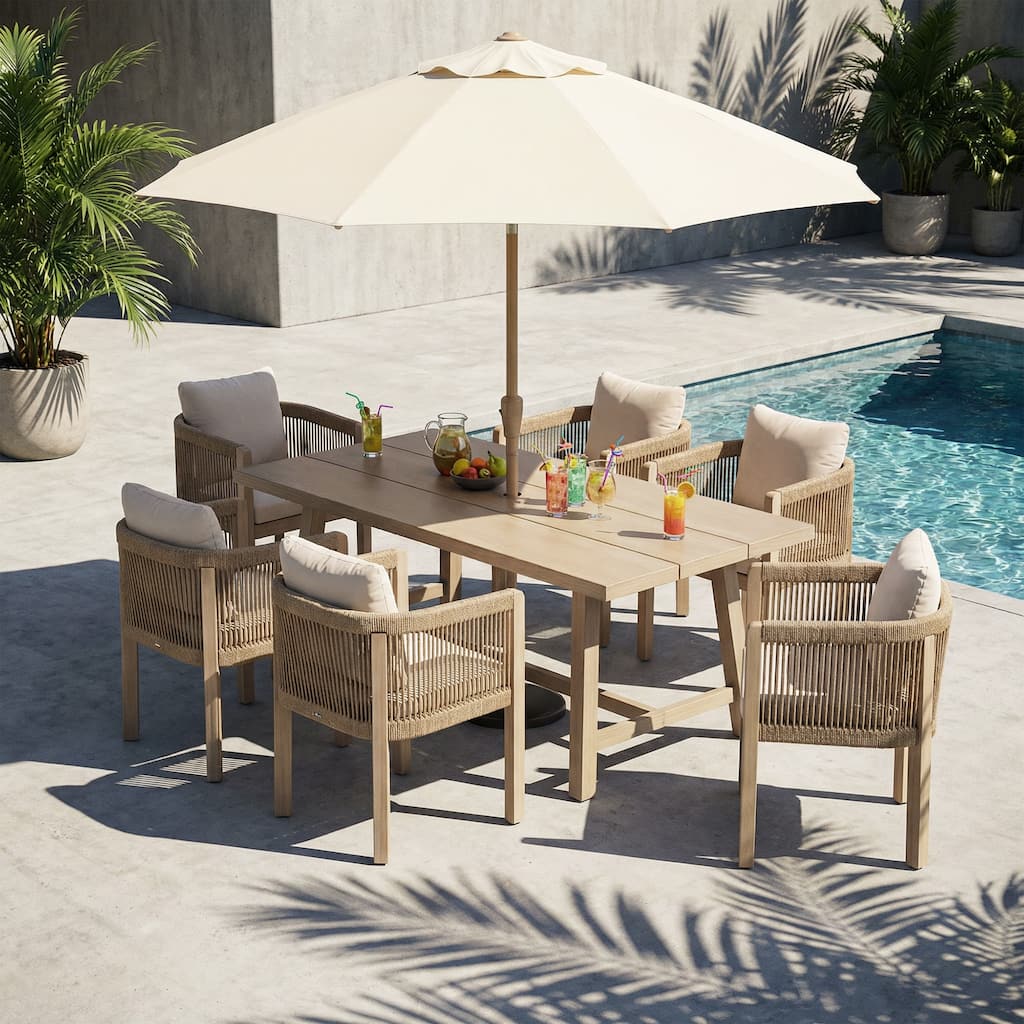 Outdoor Dining Set 7-Piece Acacia Wood Chair with Aluminum Table Rope-Woven Dining Armchair