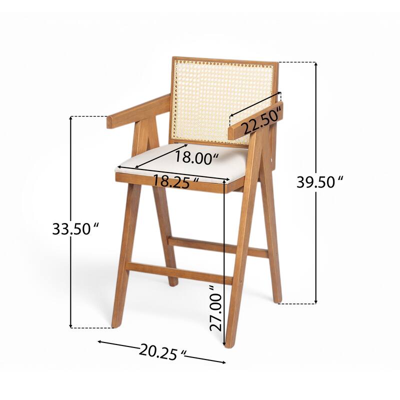 27" Bar Stool with Cream Woven Cane Back & Padded Fabric Seat, Durable Rubberwood Frame
