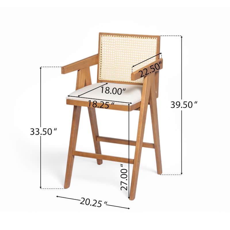 27" Height Woven Cane Plastic Backrest Bar Stool - Foam-Padded Fabric Seat & Durable Rubberwood Frame