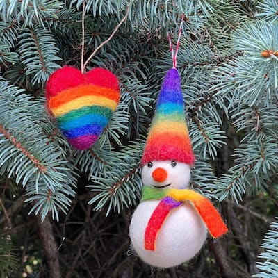 Rainbow Heart and Frosty Handmade Felt Ornaments, Set of 2