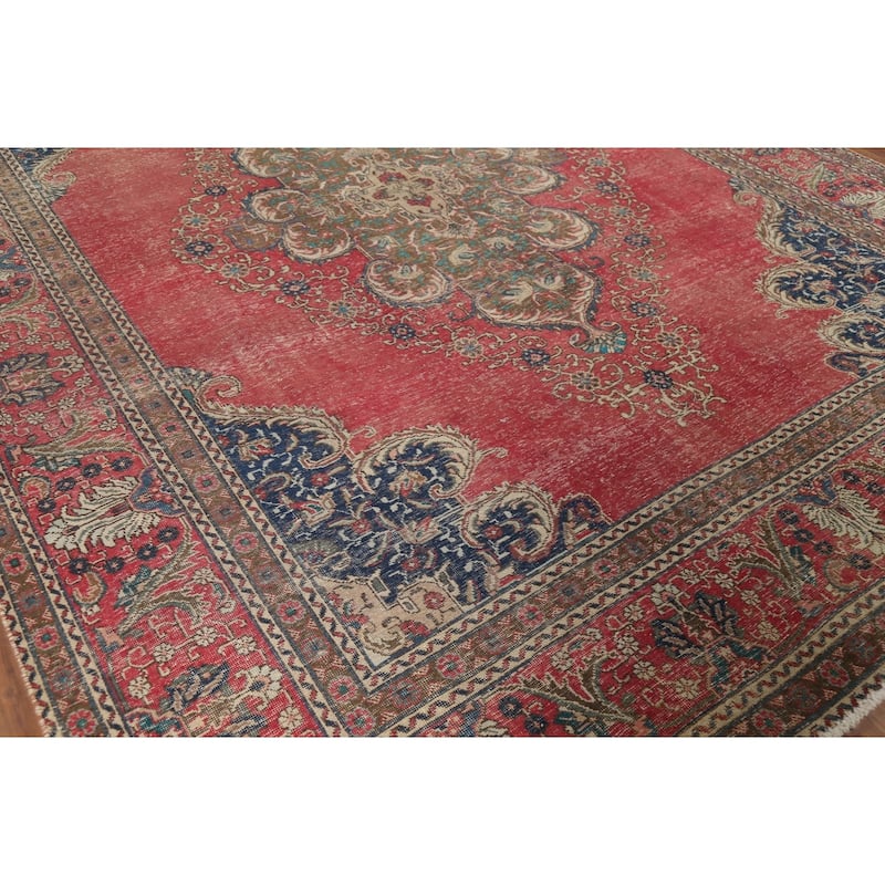 Distressed Tabriz Persian Vintage Rug Hand-Knotted Wool Carpet - 9'6"x 12'10"