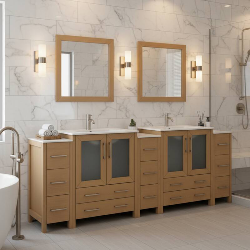 Vanity Art 96" Double Sink Bathroom Vanity Set 13 Dove-Tailed Drawers 5 Cabinets 2 Shelves, Soft-Closing Doors with Free Mirror