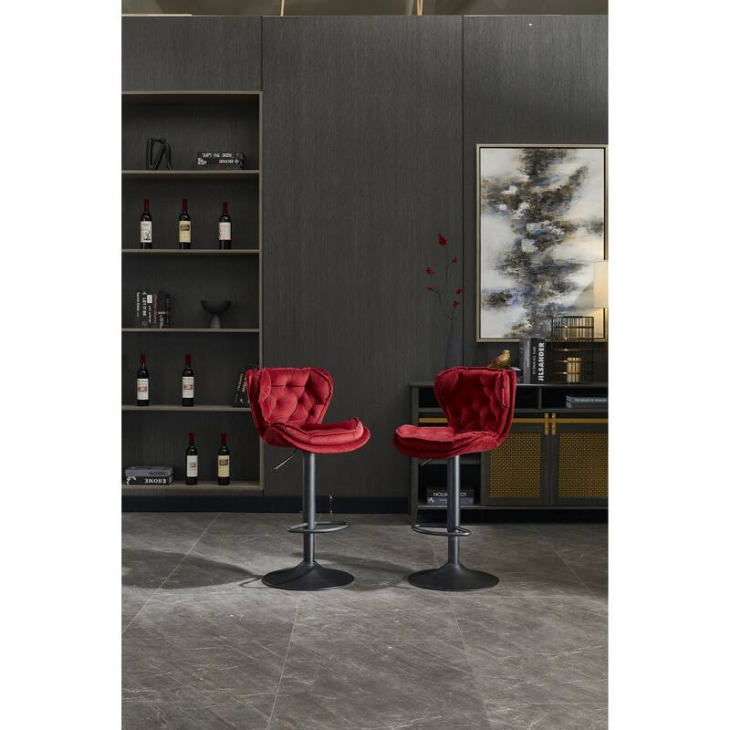 Set Of 2 Bar Stools With Powder Footrest And Base Swivel Height Adjustable Mechanical Lifting Velvet, Powder Leg
