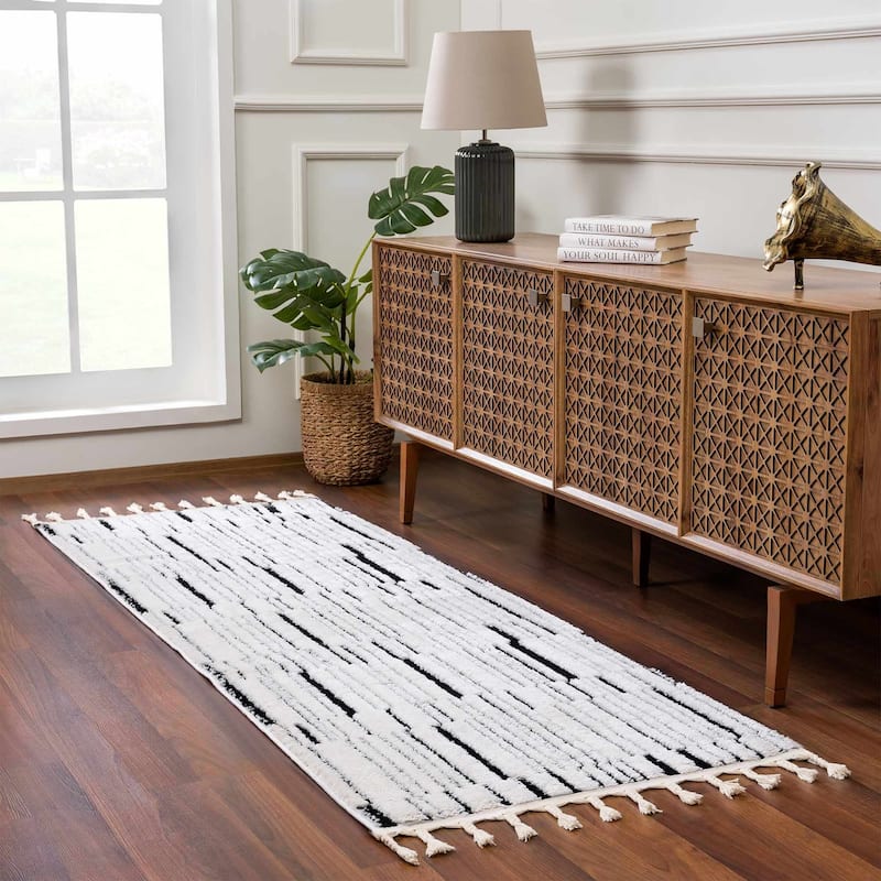 Hauteloom Azana Living Room, Bedroom Area Rug - Farmhouse - High Pile - Bone,Black - 5'3" x 7' - 2'7" x 7'3" - Bone, Black / Bansi