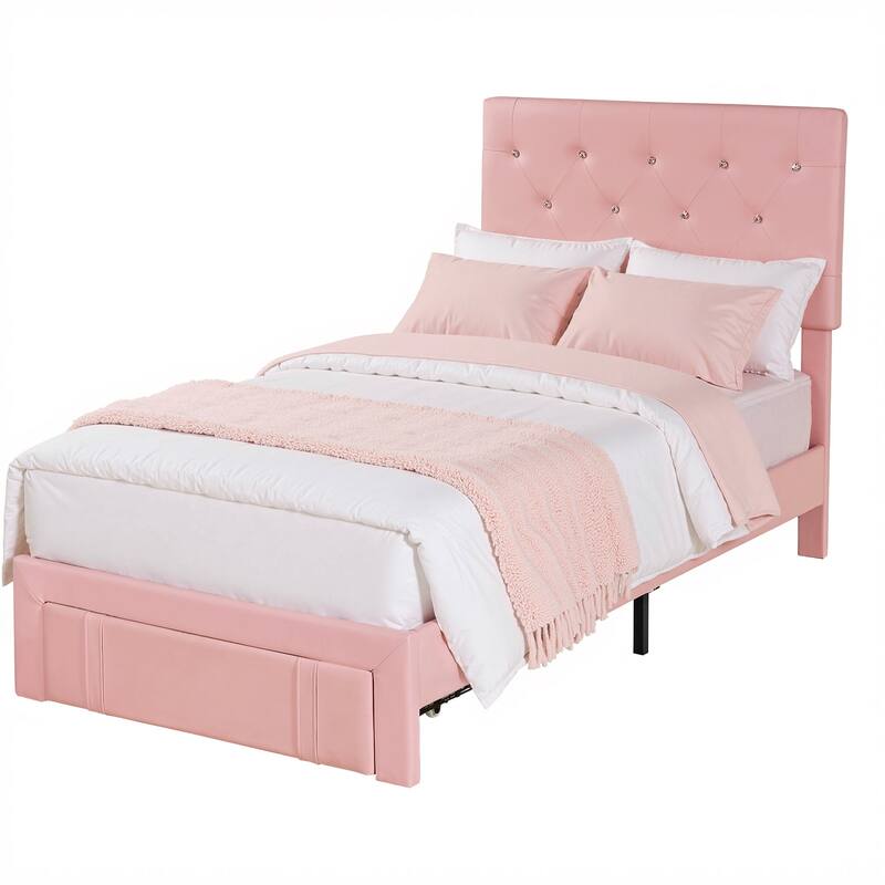 VECELO Bed Frame with Storage Drawers Leather Upholstered with Diamond Tufted Headboard Solid Wood Slat Support