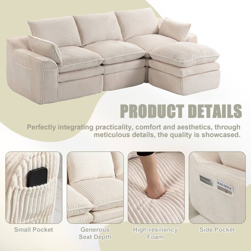 103" L-Shaped Corduroy Boneless Sectional Sofa with Movable Ottoman
