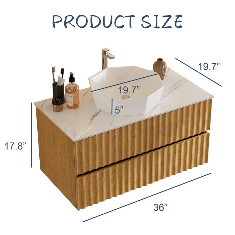 35.43" Floading Single Bathroom Vanities, With 2 Drawers, Glossy Sintered Stone Top, Light Wood