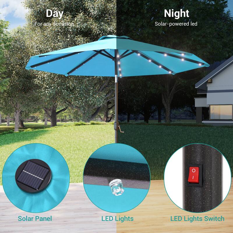 BONOSUKI Patio 9Ft LED Market Umbrellas With Solar Lights, Table Umbrella for Patio and Outdoor With Tilt Button