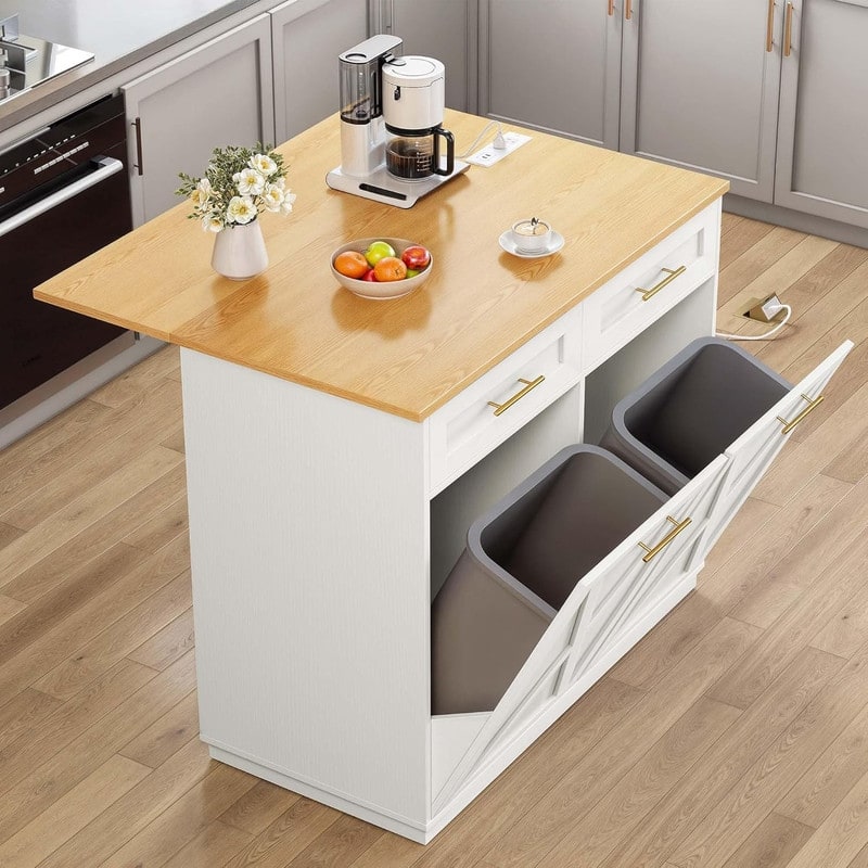 Moasis 39" Kitchen Island Kitchen Storage with Power Socket and Tilt Out Trash Bin Storage Cabinet