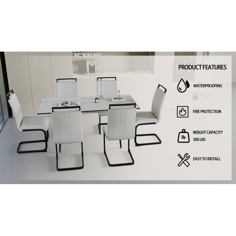 7-Piece Expandable Dining Table Set with C-shaped Tubular Cushioned Armless Chair, Scratch Resistant Plastic Feet
