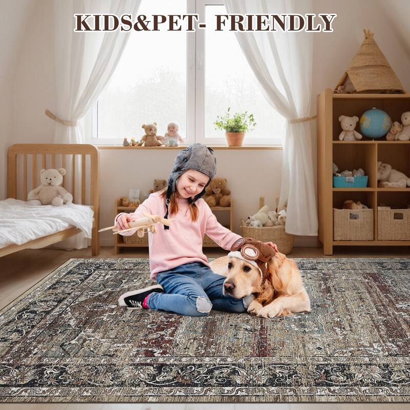 Machine Washable Area Rug Vintage Medallion Rugs Non Slip Low Pile Bedroom Rug