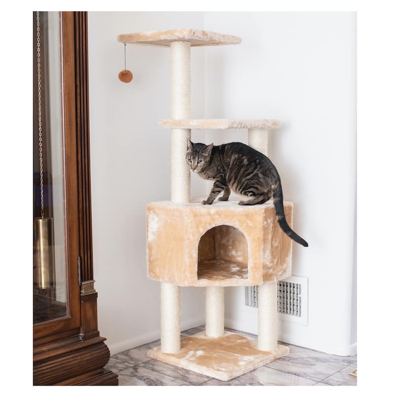 3 Levels Real Wood Cat Tower for Kittens Play 48 Height Beige
