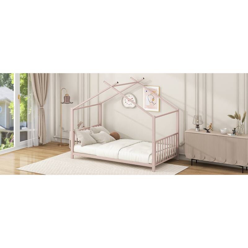 Roomfitters Twin Size House Bed, Modern Metal Floor Bed Frame with Roof, Sleek Scandi Style Sleep Space, Pink