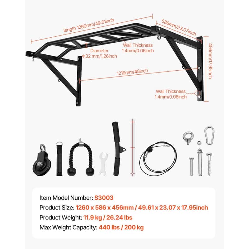 Wall Mounted Pull Up Bar with Pulley System and 10 Grip Options Triceps Rope for Home Gym Station - 49.61 x 23.07 x 17.95inch