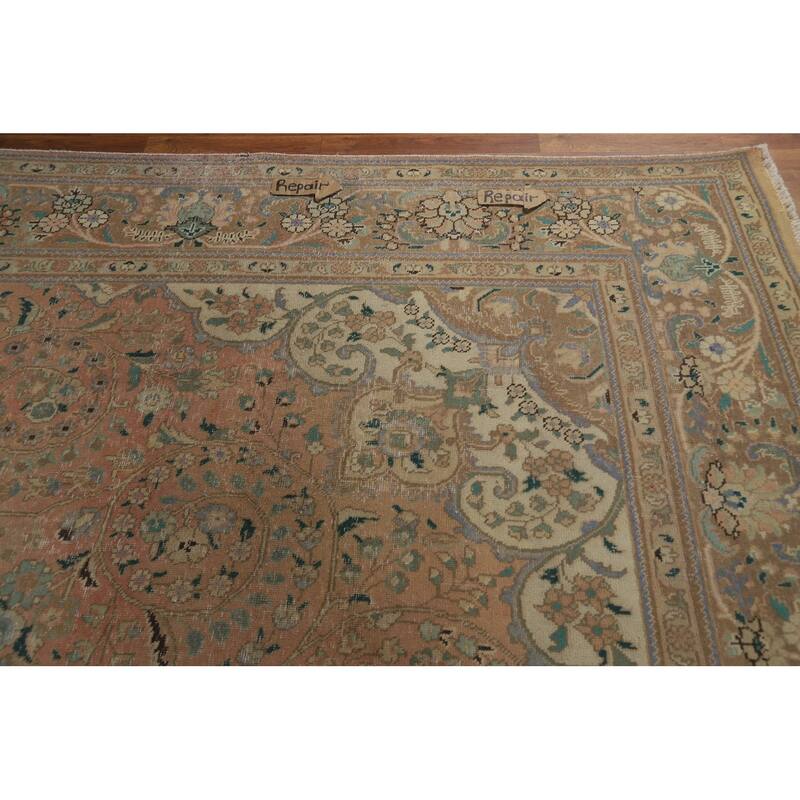 Distressed Floral Tabriz Persian Area Rug Handmade Wool Carpet - 9'10" x 12'9"