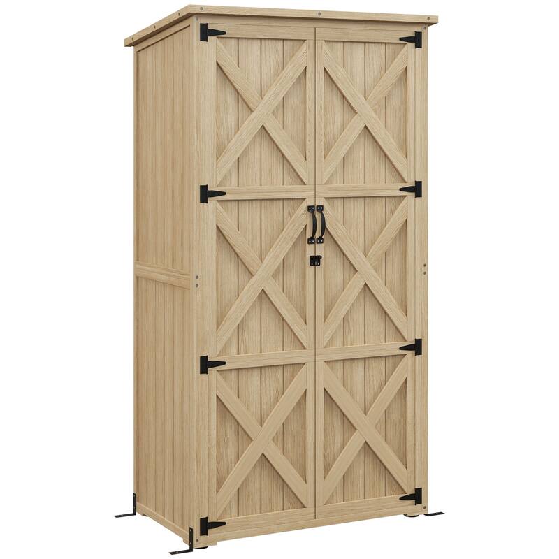 Outsunny Wooden Garden Shed, Outdoor Storage Cabinet with Waterproof Asphalt Roof, Narrow Tool Shed with Shelves