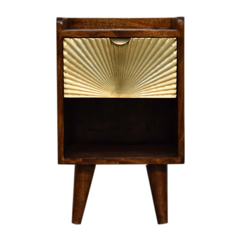 HomeRoots 20" Chestnut And Gold Solid Wood Carved Geometric One Drawer Nightstand