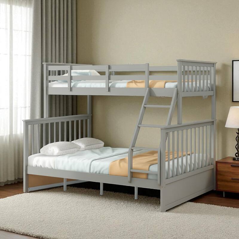 Wood Twin Over Full Bunk Bed with Ladder and Guardrails, Convertible Design, Space-Saving Frame for Kids and Teens - Grey - Full