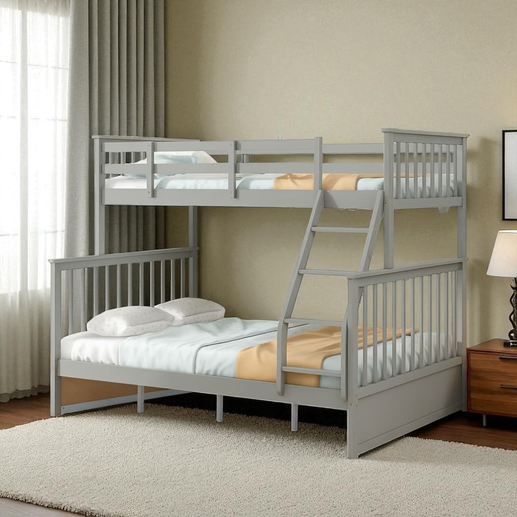 Wood Twin Over Full Bunk Bed with Ladder and Guardrails, Convertible Design, Space-Saving Frame for Kids and Teens