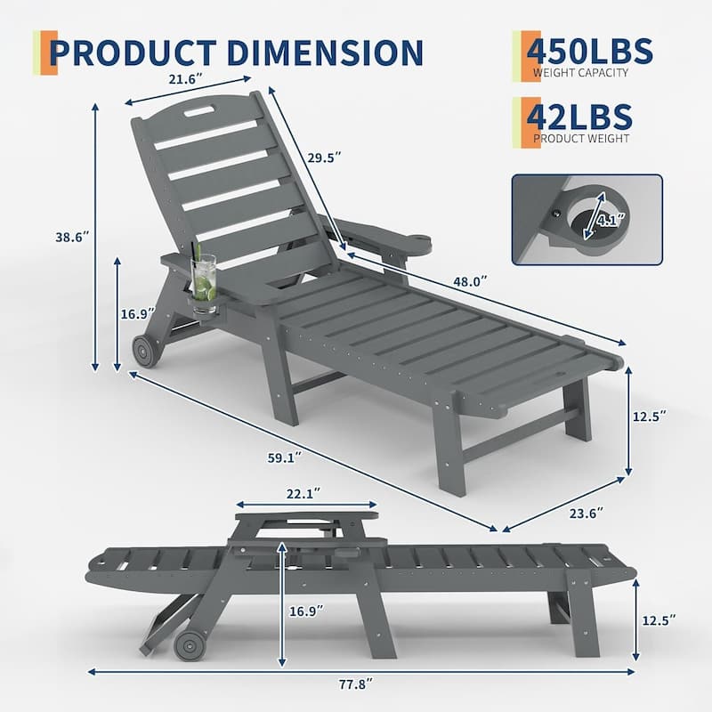 HDPE 5-Position Patio Lounge Chair for Outside with Rolling Wheels