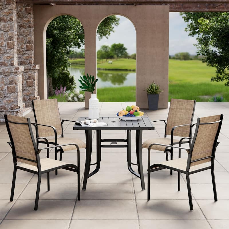 5/7/9-Piece Outdoor Patio Dining Set with Stackable Textilene Chairs and Slatted Table, Furniture with Adjustable Umbrella Hole