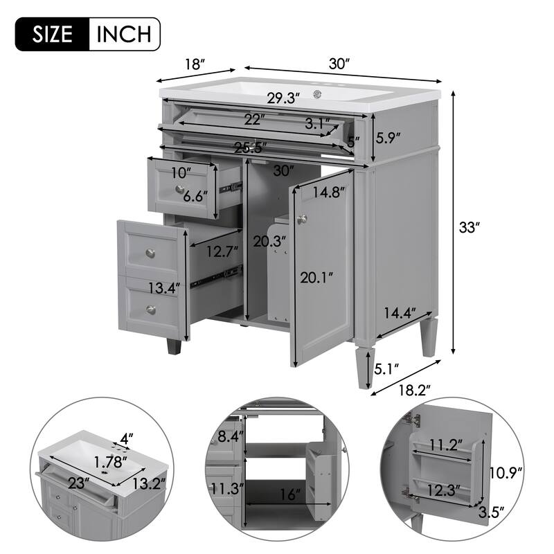 30''/36'' Bathroom Vanity with Top Sink, Modern Bathroom Storage Cabinet with 2 Drawers, a Tip-out Drawer & Adjustable Shelf