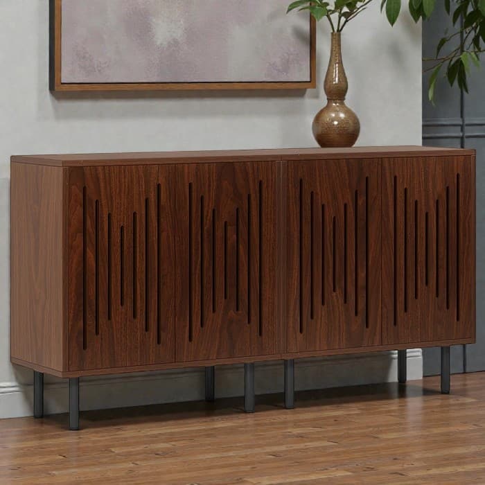 Set of 2 Rustic Sideboard Cabinets with Storage, 4 Door Classic Buffet Cabinets with Adjustable Shelves