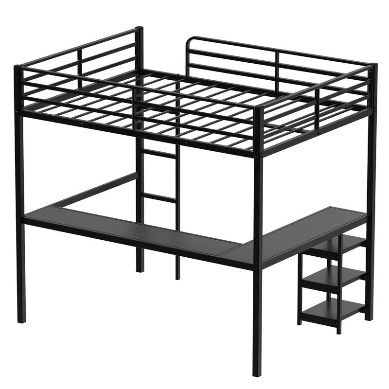 Full Size Loft Bed with L-Shaped Desk, Open Shelves, and Safety Guardrails, Heavy Duty Metal Frame, Black